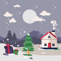 a house with a christmas tree and a house in the background. happy christmas vector
