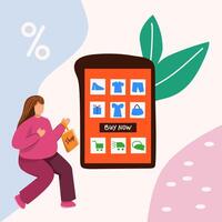 Template design for advertising with illustration of a women shops online with various shopping options display on the cellphone screen. vector