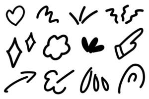 Hand drawn of various scribble thick line such as love shape, speech bubble, arrow, curly line, sparkle and hand pointing isolated. vector
