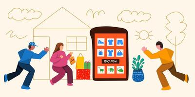 Doodle illustration of people running to shop online with display online marketplace on the smartphone screen with line art doodle for advertising on new year. vector