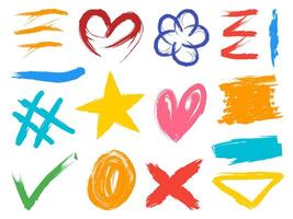 Childish drawing brush stroke of line, love shape, round, correct sign, star, square, rectangle and another geometric shapes isolated. vector
