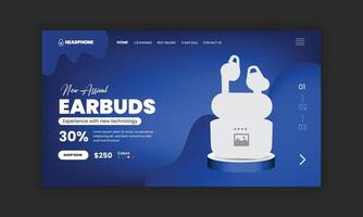 Earbuds website landing page user interface design template or earbuds flash sale horizontal banner template vector