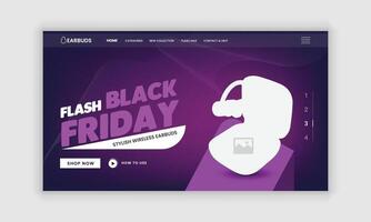 Black Friday super sale website landing page user interface design template and an advertising banner for new earbuds. vector