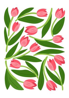 Bright and cheerful illustration of pink tulips with green leaves in retro 60s style. Interior poster symbolizing spring, growth, and natural beauty in minimalistic style