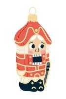 Colorful flat illustration of whimsical nutcracker ornament with red uniform and cheerful expression, representing festive Christmas decor vector