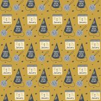 Festive New Years pattern with party hats, calendars marked January 1st, disco balls, and stars on gold background , perfect for New Year celebrations vector