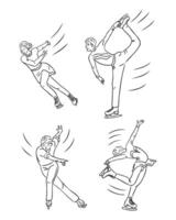 Dynamic doodle illustrations of figure skaters performing elegant spins, jumps, and poses on ice. Hhand drawn sketches isolated on white background. Winter sport drawings for coloring pages vector