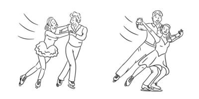 Black and white line art of figure skating couples performing graceful moves, highlighting balance, elegance, and teamwork in dynamic and artistic style. Winter sport illustration vector