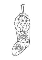 Cute cat sitting inside Christmas stocking decorated with snowflake patterns vector