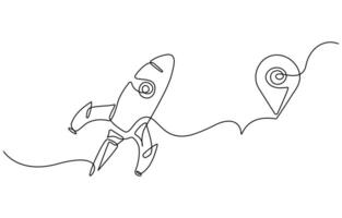 One continuous line drawing of simple retro spacecraft flying up to the outer space nebula vector