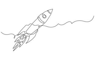 One continuous line drawing of simple retro spacecraft flying vector