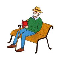 Colorful Textured Illustration of Old Man is Reading a Book on a Bench Isolated on White Background vector