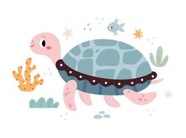 Turtle in a marine environment among fish, algae and corals. Modern minimalist illustration in Scandinavian kids style. vector