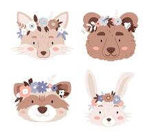 Set of animal head.Animals in floral wreaths in boho style and in pastel colors. Fox, raccoon, bear, hare. vector