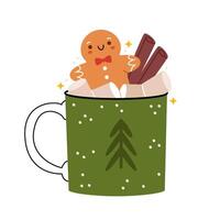 Winter drink with marshmallows, cinnamon and gingerbread. Cocoa. Christmas atmosphere. vector