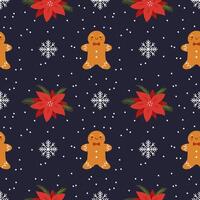 Christmas pattern with gingerbread, poinsettia and snowflakes.Christmas background. vector