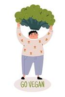 Go Vegan. Cute character holding a big broccoli. Modern minimalist illustration in Scandinavian style. vector