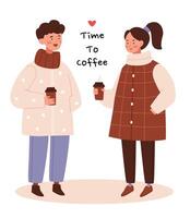 A girl and a guy are drinking coffee together. Modern minimalist illustration in Scandinavian style.Cute girl and a guy on a date with coffee to-go. vector