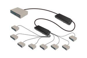 PON network diagram. Passive Optical Network Equipment PON. Optical Network Terminal ONT. Optical Network Unit ONU. vector