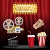 Realistic popcorn on stage with red curtains, popcorn concept in cinema and entertainment in cinema. 3D popcorn for Poster design, advertisement, web banner, billboard and etc. vector