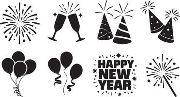 A silhouette image set featuring iconic elements for celebrating the New Year vector