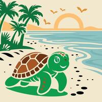 A Turtle On The Beach With Palm Trees And A Sunset. vector