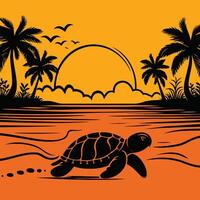 A Turtle And Palm Trees On An Orange Background. vector