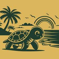 A Turtle On The Beach With Palm Trees And A Rainbow. vector