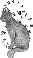 black cat illustration with time behind it, illustration engraving style, medieval style, black and white, simple design, minimalist, isolated background vector