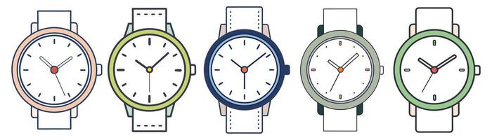 A Row of Five Wristwatches With Different Colored Straps and Dials vector