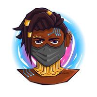 Avatar of a young African-American male cyberpunk with a metal mask, dreadlocks, microchip and spikes on his face against the backdrop of a meta-universe future vortex vector