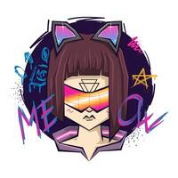 Cyberpunk girl with bob haircut and cat ears headband wearing futuristic glasses with augmented reality and digital interface, on a graffiti background with punk symbols and meow inscription vector