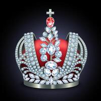 Imperial crown with ruby. Luxurious headdress for the coronation of the monarch in white gold, diamonds and spinel. 3D realistic image isolated on white background. illustration. vector
