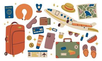 Travel icon set. Travel concept. Set of travel objects isolated on white . Hand drawn doodle flat illustration for card , banner and web design. vector