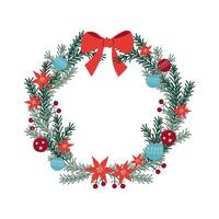Frame with coniferous branches, red winter flowers star Poinsettia, Christmas tree toys. Hand drawn festive border with plants for text. For congratulations, invitations, New Year, Christmas vector