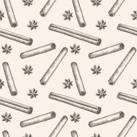 Engraved repeating background with Cinnamon sticks, bark brown spice. Hand drawn seamless pattern with rolled cinnamons, flower. Spicy seasoning, condiment aromatic ingredient. For print vector