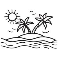 a sunny island with palm trees Line art of surrounded by water. vector