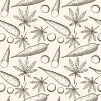 Seamless pattern with Cassava vegetable. Hand drawn engraved repeating background with tubers and leaves of tropical plant Manihot esculenta. Food illustration for label, logo, card, wrapp vector
