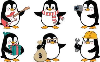 Six cartoon penguins, each in a different pose and profession vector