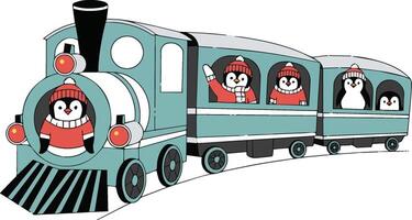 A cartoon train with three penguins riding in the cars vector