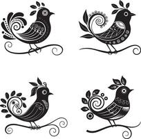 Stylized black and white bird illustration set vector