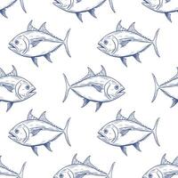 Seamless pattern, tuna fish, line pattern, blue on white background. Packaging, wrapping, background. vector