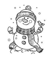 Outline snowman with bird and snow. Winter coloring book page vector