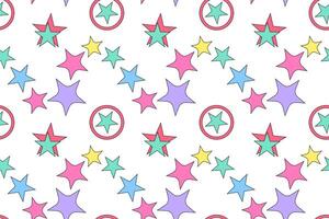 A seamless pattern featuring colorful stars and stars within circles on a white background, ideal for festive designs. vector