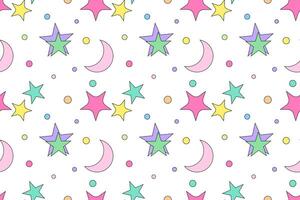 A seamless decorative pattern featuring stars, moons, and circles in pastel tones on a white background. vector