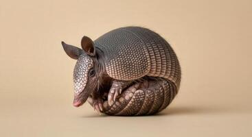 Armadillo in rest mode against beige background for wildlife photography and nature studies photo