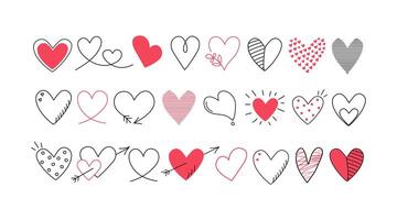 Set of doodle hearts, drawing. Valentine's day design, wedding decor. Hand drawn linear icons. Background isolated. vector