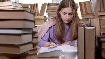 A girl reads a book in the library. Stacks of books and cup of tea on table. Concept of Reading and Education. Ultra 4K video