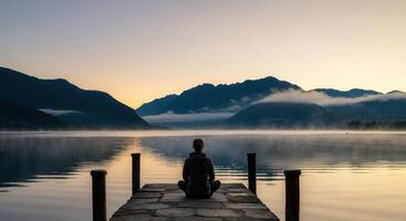 Peaceful meditation at dawn on a serene lake dock with scenic mountain views photo
