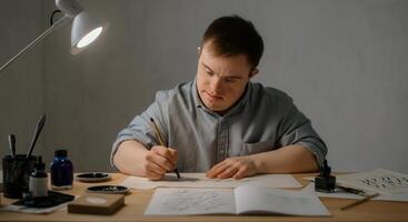 Focused young artist in studio creating detailed sketch with ink and pen photo